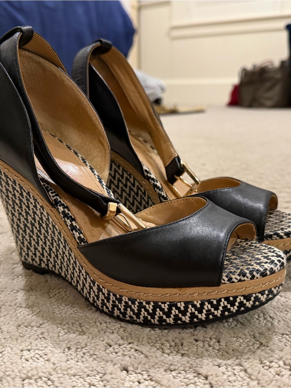 Elaine Turner Black Leather Peep-Toe Wedges with Patterned Espadrille